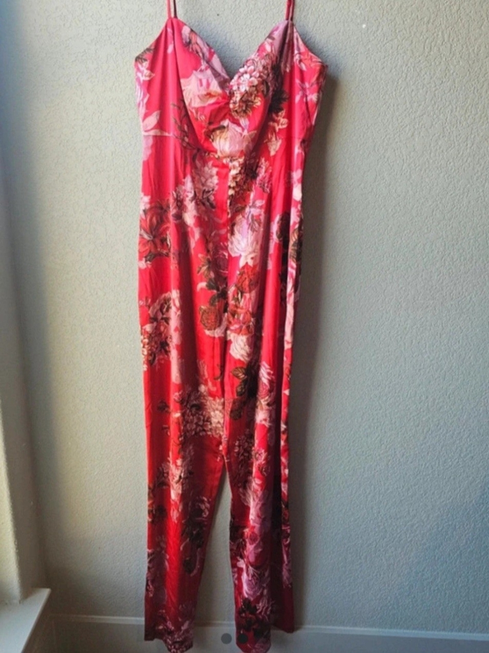 Guess Floral Red Slip Jumpsuit with Cowl Neck